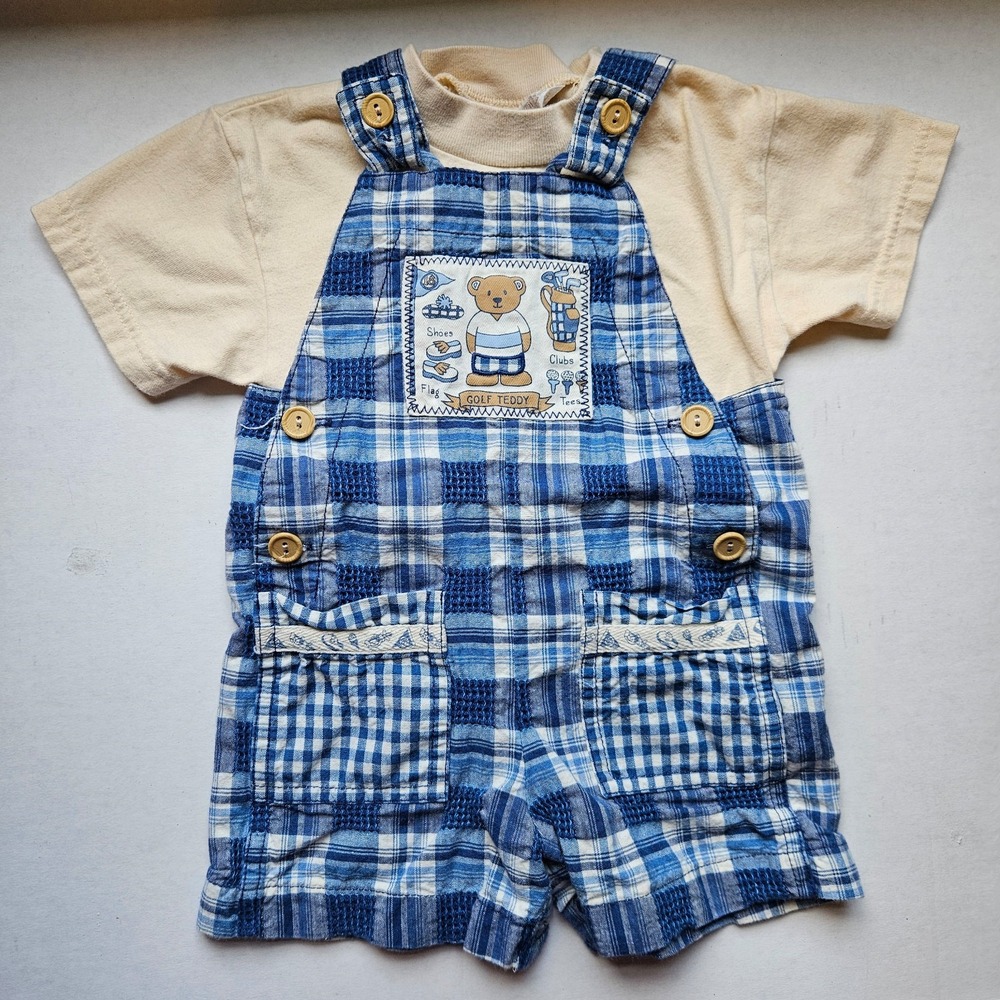 Vintage 90s Y2K Plaid Golf Teddy Bear Applique Bib Overalls Shorts Size 18 Mos